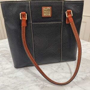 Dooney & Bourke Black Pebble Grain Tote with Brown Straps Small Lexington
